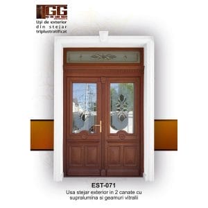 Usa stejar exterior in 2 canate cu supralumina si geamuri vitralii,  EST-071