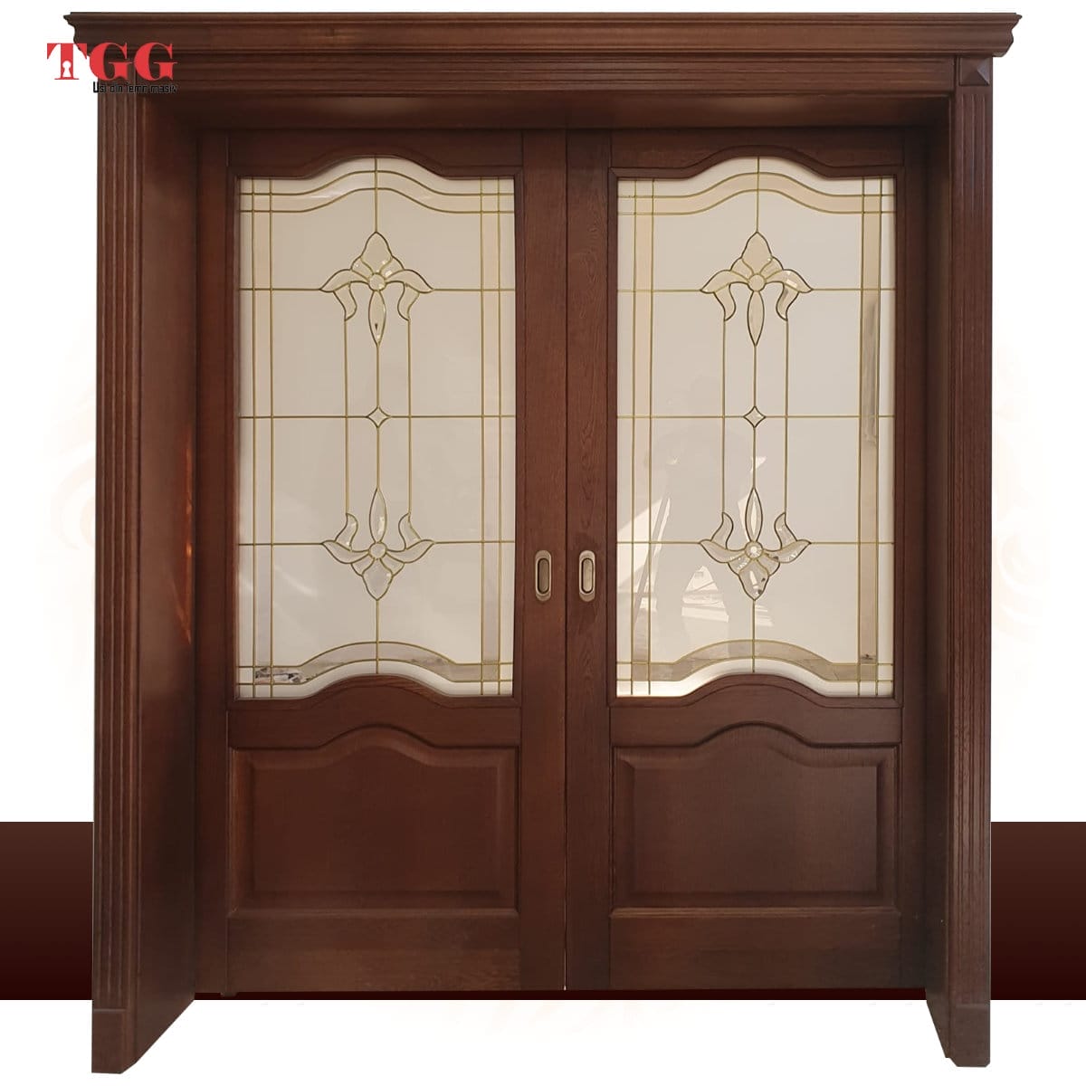 Ușă stejar dubla, finisaj nuc cu pervaz capitel cornisa bumbi, ISM-017G-2KNUC